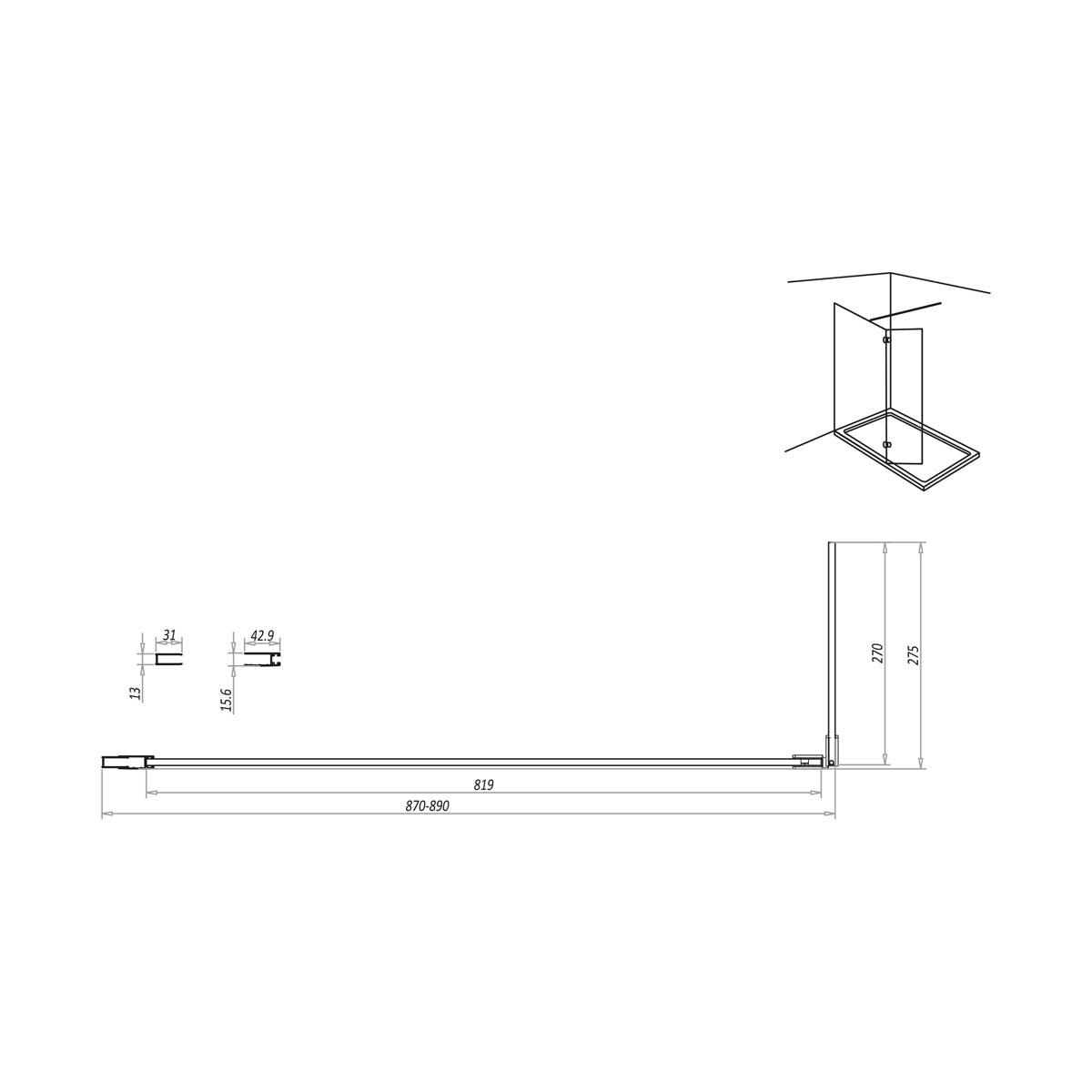 Scudo S8 Wetroom Glass and Hinged Return Panel with Chrome Hardware - 8mm glass