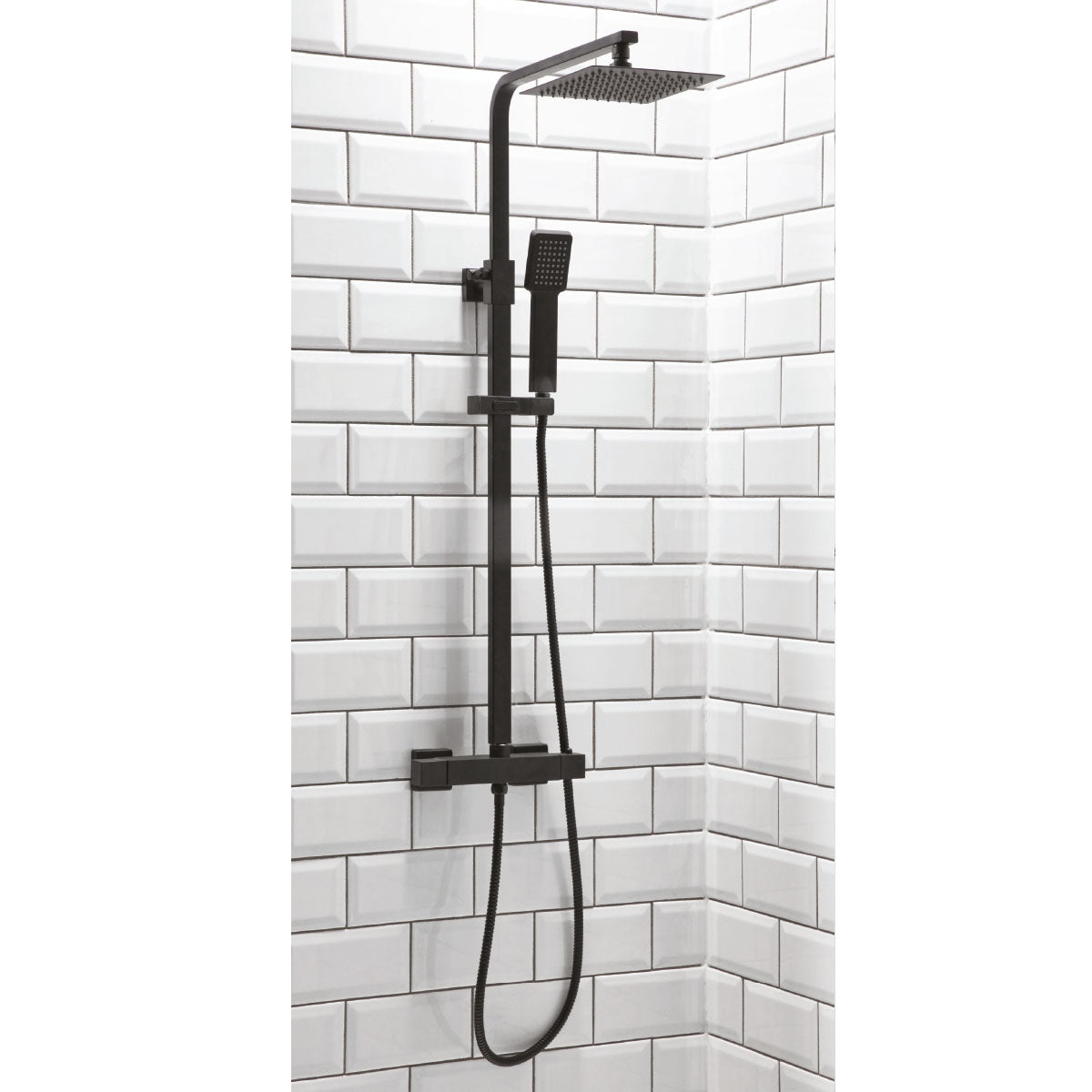 Scudo Lunar Square Thermostatic Chrome Shower With Rigid Riser & hand Shower Black