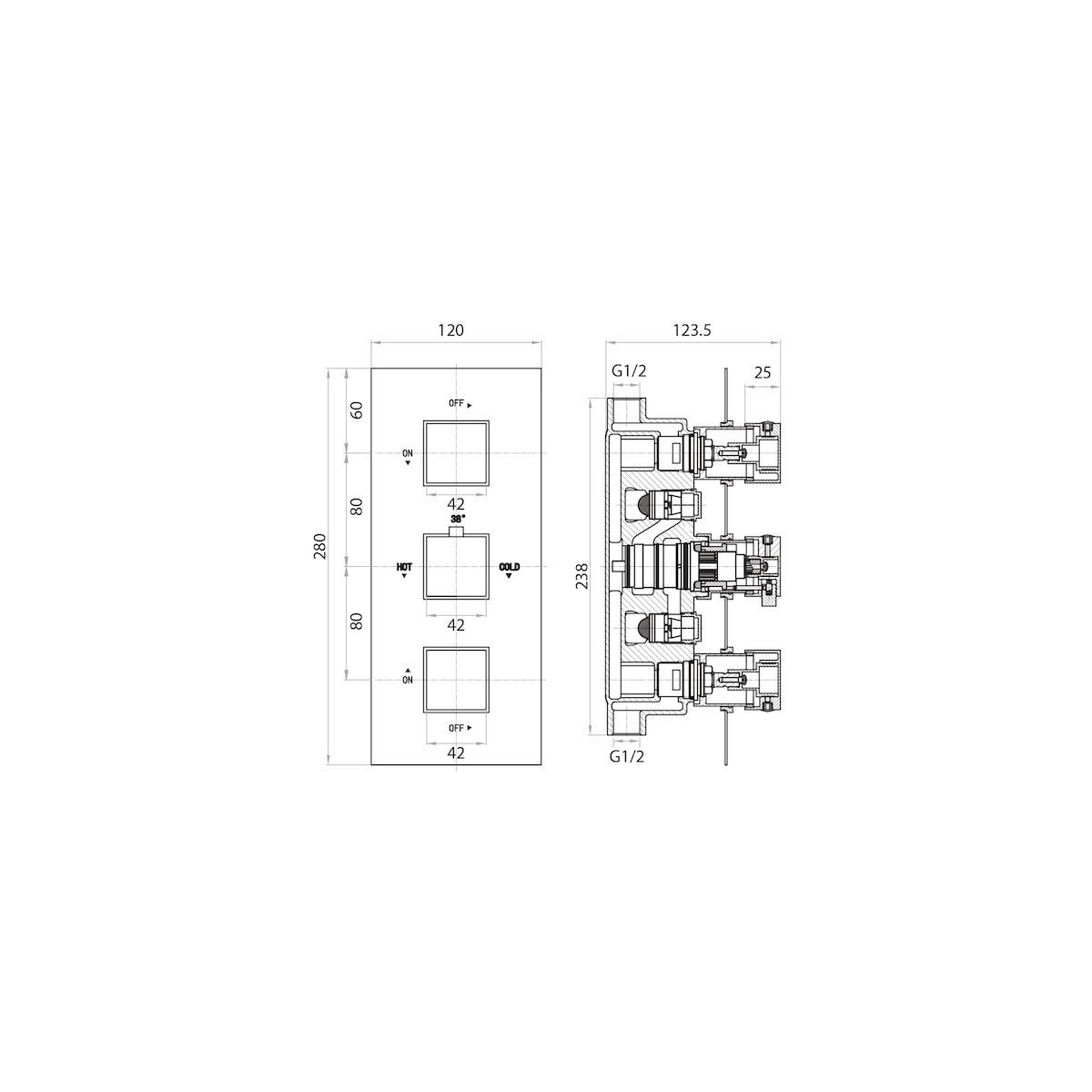 Scudo Triple Square Concealed Valve with Diverter-3 outlet