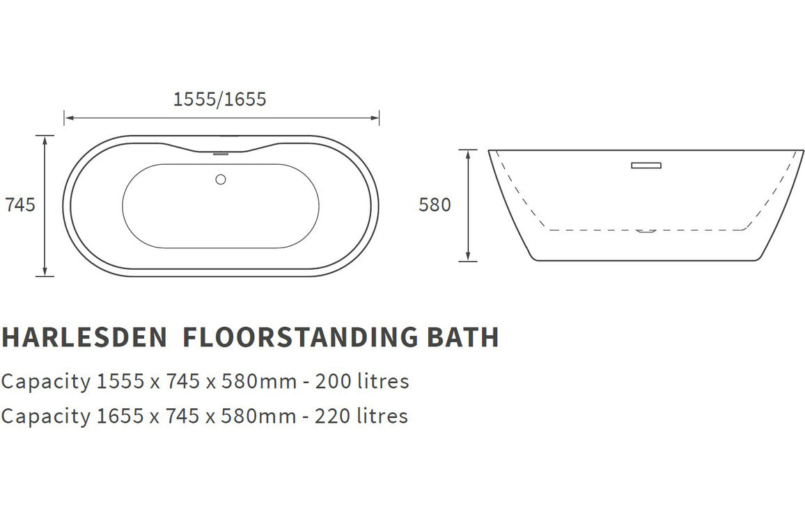 Citadel Freestanding in White (1550x745x580mm or 1655x745x580mm) Bath