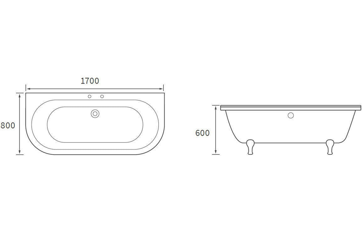 **Available Feb 2024**  Grange Freestanding Back To Wall 1700x800x600mm 2TH Bath w/Feet - White