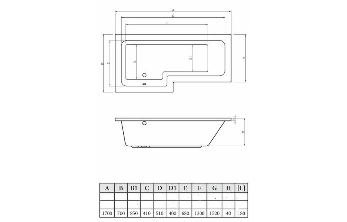 L-Shape Single End 1700x700-850x410mm 0TH Bath