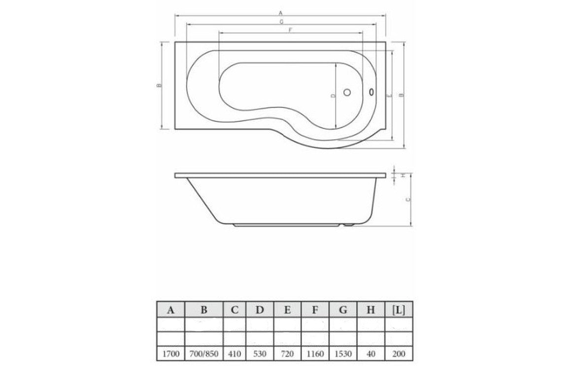 P-Shape 1700x700-850x410mm 0TH Shower Bath  Panel & Screen