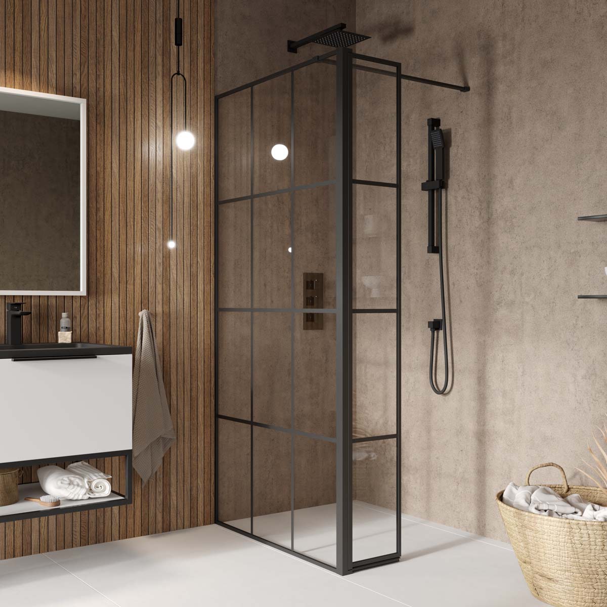 Scudo S8 - Hinged Grid Wetroom Flipper Panel - Black Etched Profile