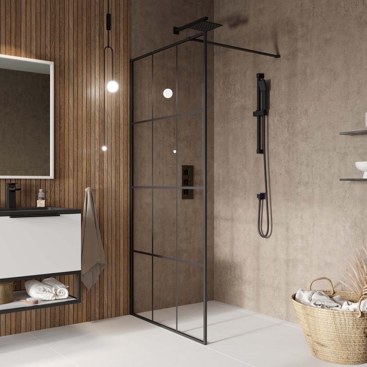 Scudo S8 Grid Wetroom Glass 8mm - 1950mm High - Black