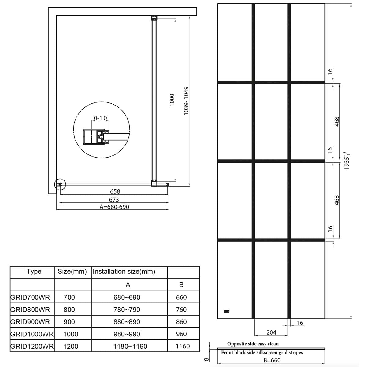 Scudo S8 Grid Wetroom Glass 8mm - 1950mm High - Black