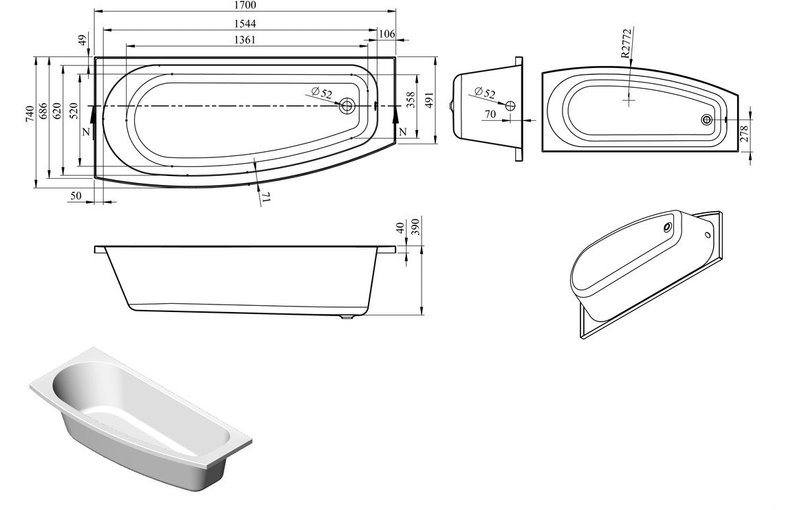 Artesian Space Saving Reinforced Bath 1700x740x560mm (Select Options)