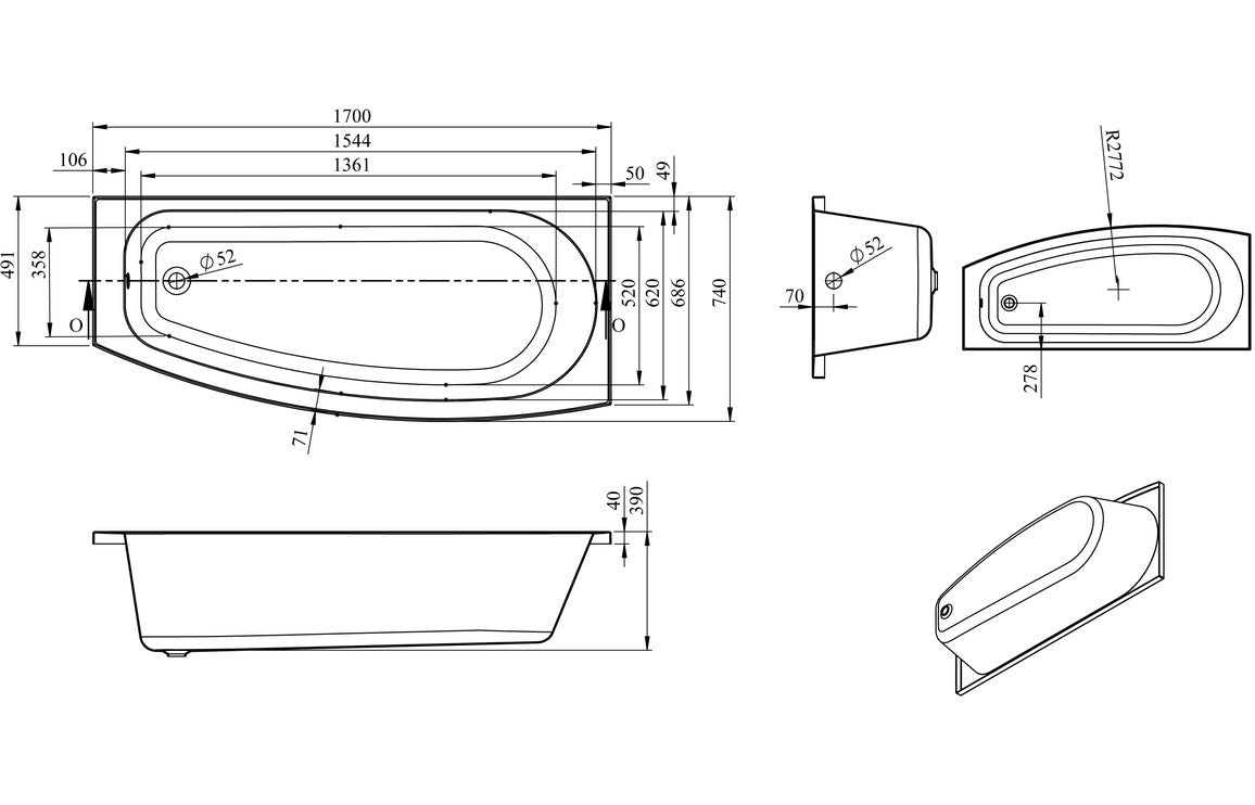 Artesian Space Saving Reinforced Bath 1700x740x560mm (Select Options)