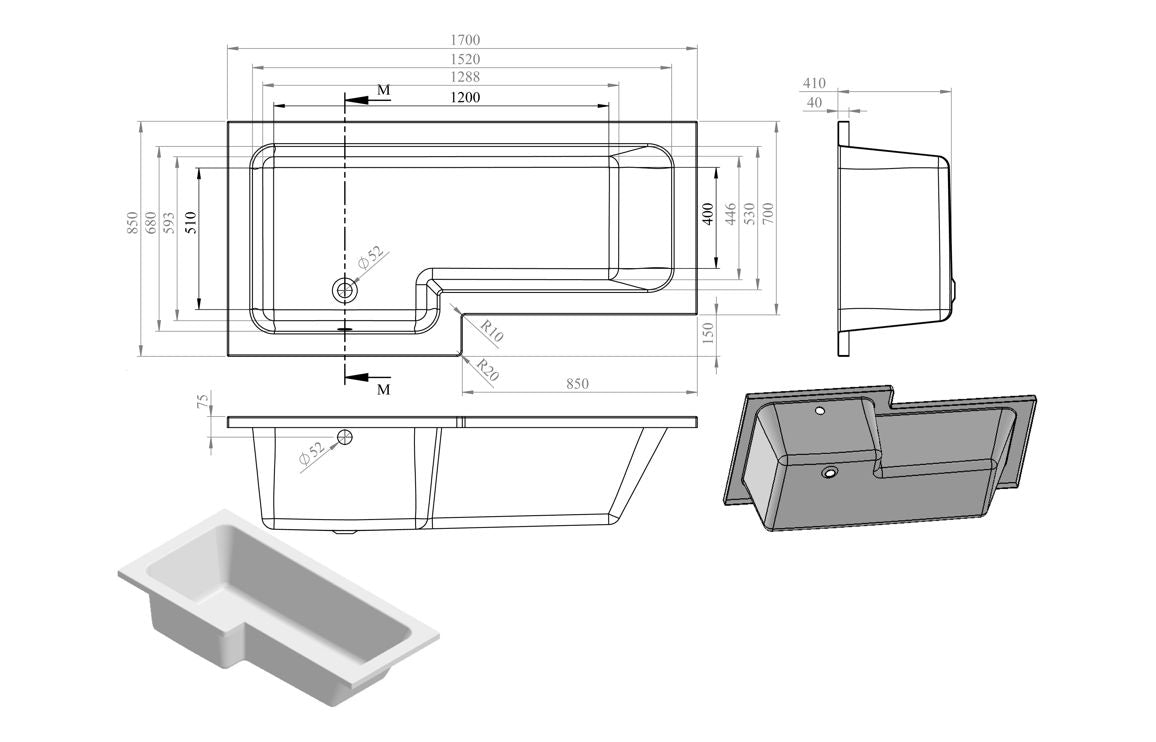 L-Shape Single End 1700x700-850x410mm 0TH Bath