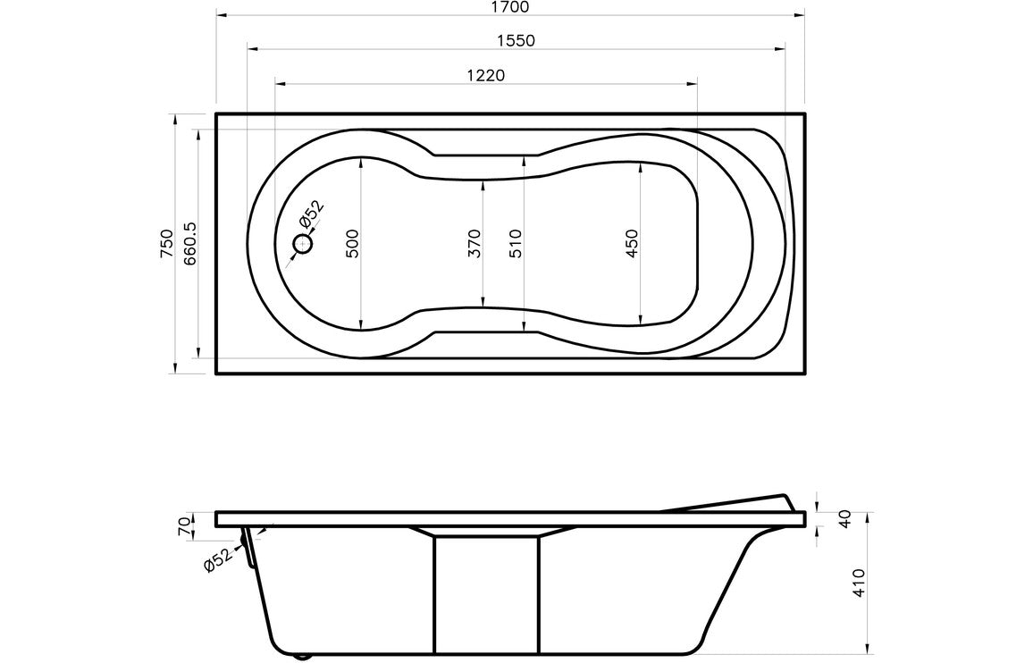 Beamorris Keyhole 1700x750x550mm 0TH Bath w/Legs