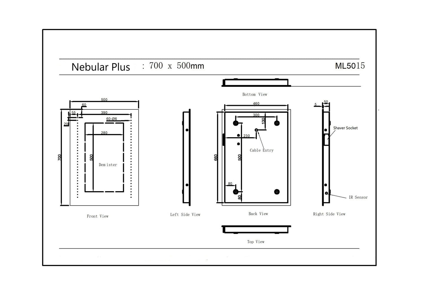 Nebular Plus LED Mirror with Sensor-Demister & Shaver Socket (700 x 500mm)
