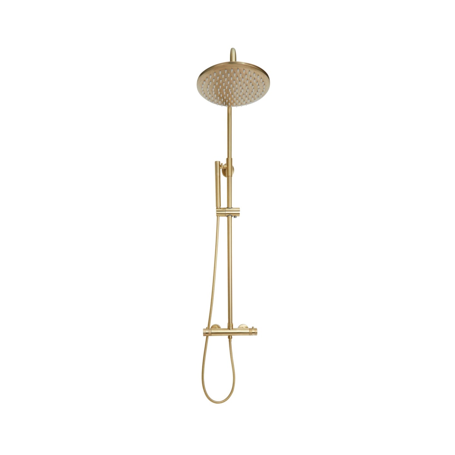 Scudo Core Round Brushed Brass Thermostatic Shower with Rigid Riser and hand shower
