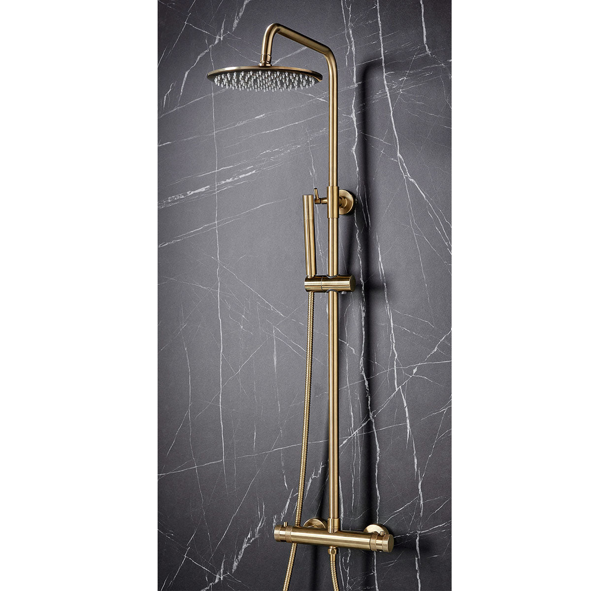 Scudo Core Round Brushed Brass Thermostatic Shower with Rigid Riser and hand shower