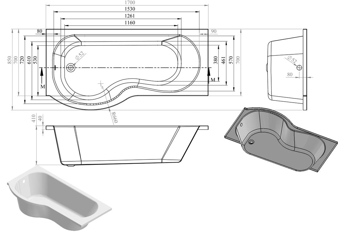 P-Shape 1700x700-850x410mm 0TH Shower Bath Panel & Screen