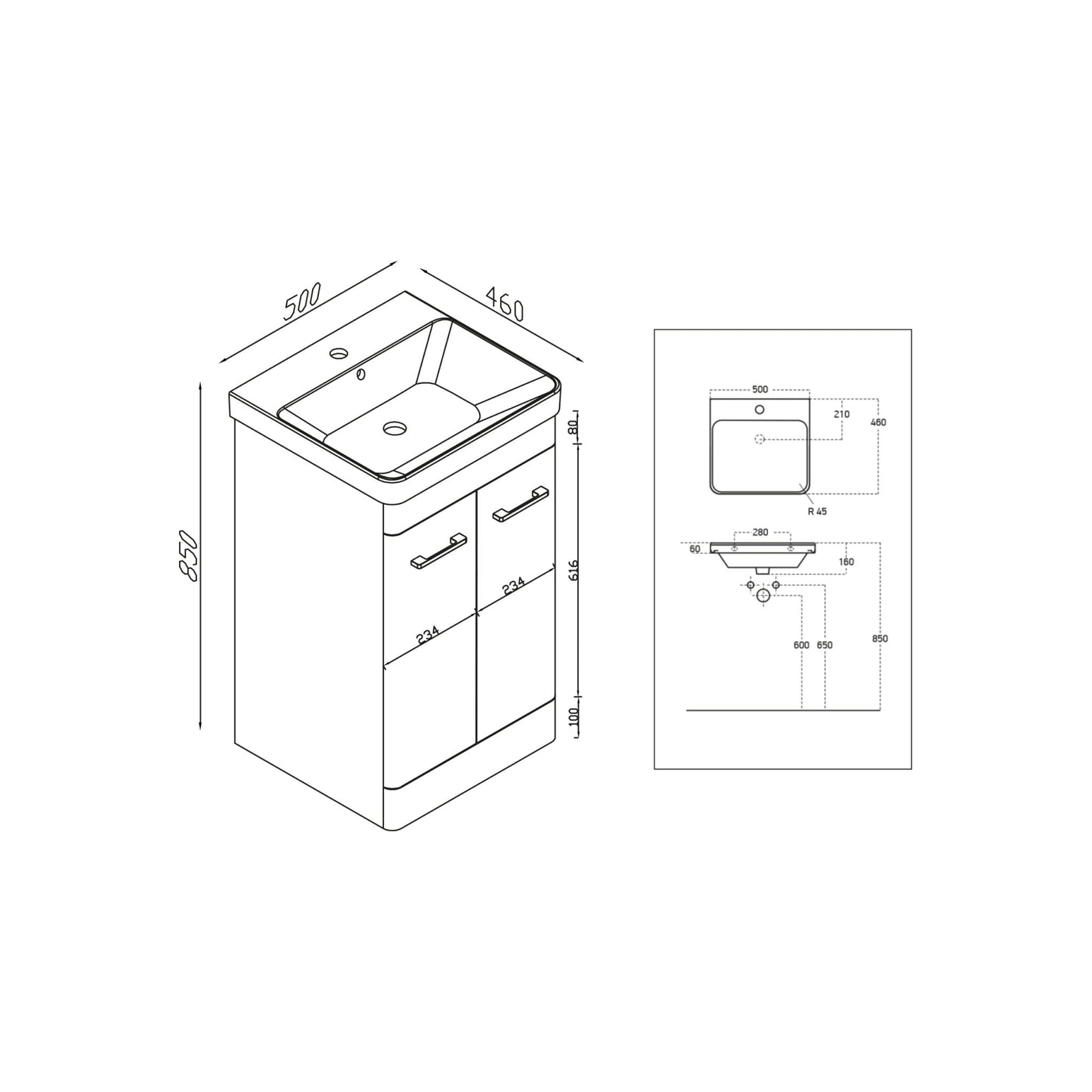 Rossini 500mm wide Vanity with Basin - Wolf Grey
