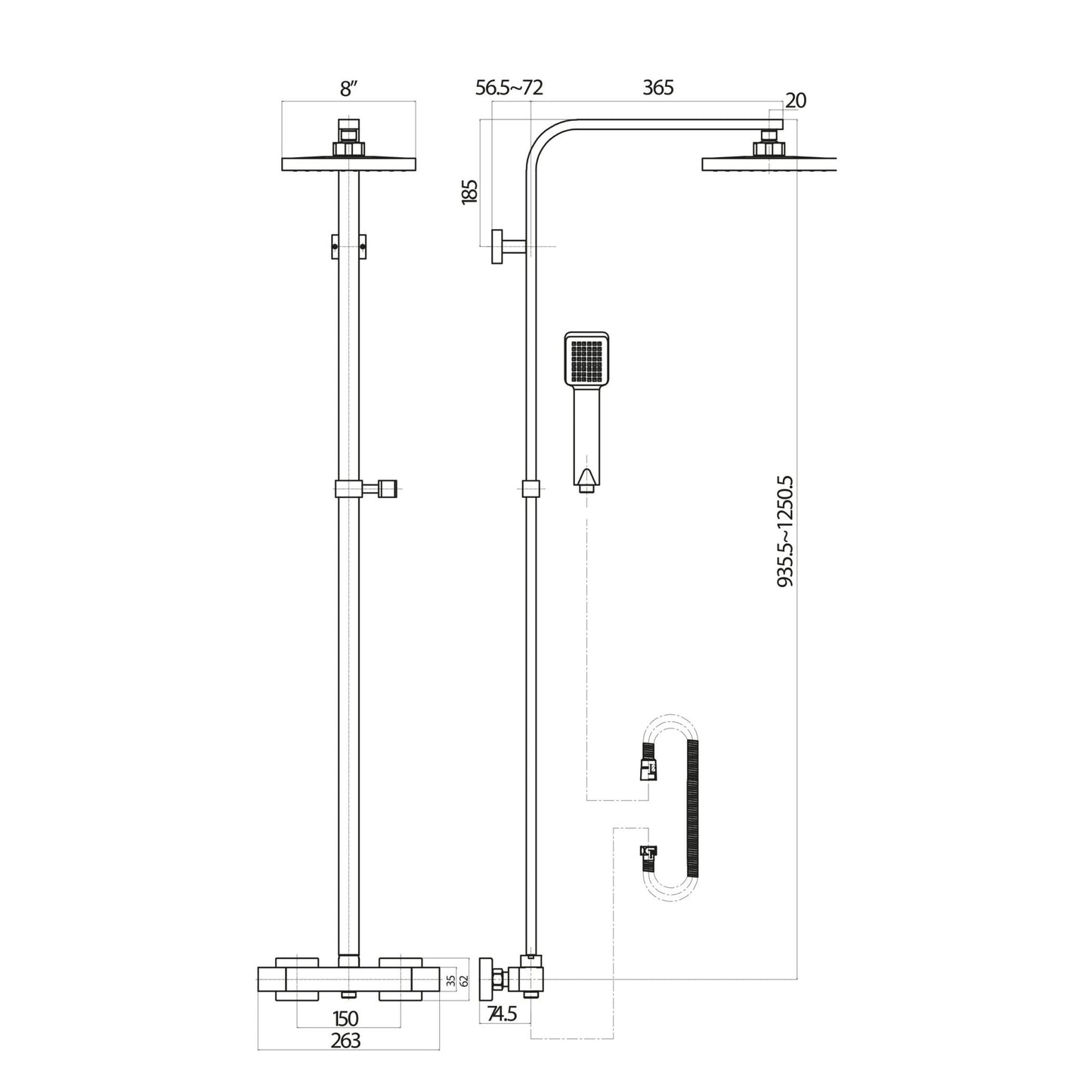 Scudo Lunar Square Thermostatic Chrome Shower With Rigid Riser & hand Shower Black