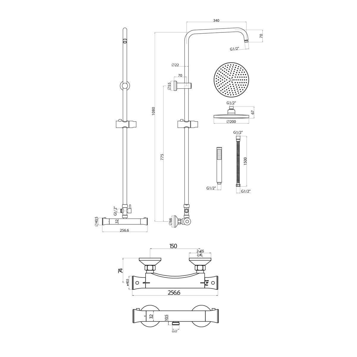 Scudo Tidy Round Thermostatic bar shower set with Rigid Riser & hand Shower