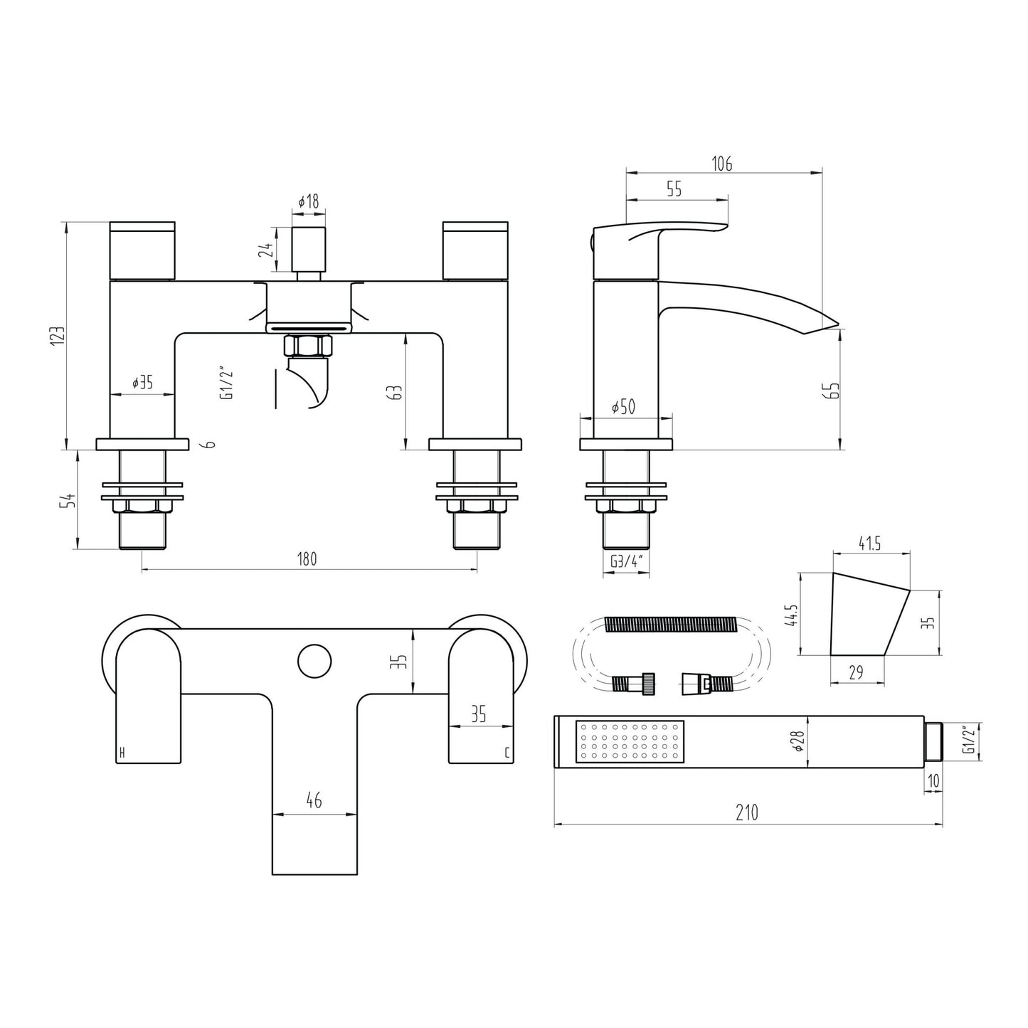 Scudo Belini Bath Shower Mixer with shower kit and wall bracket