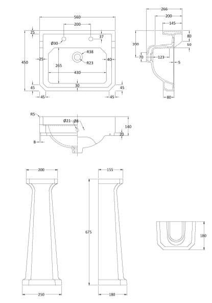 560mm Basin & Pedestal (2 Tap Hole)