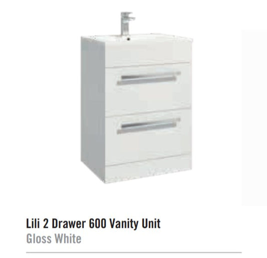 Lili 600mm Floor Standing 2 Draw Vanity Unit With Basin- Gloss White