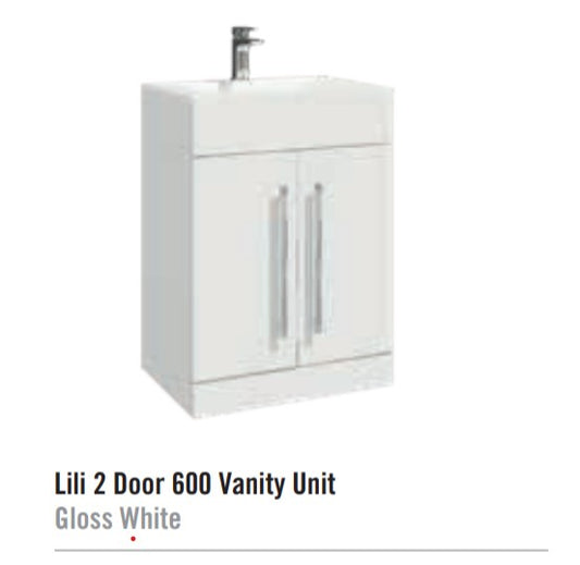 Lili 600mm Floor Standing 2 Door Vanity Unit With Basin- Gloss White