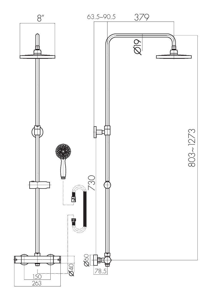 Scudo Middleton Round Thermostatic Black Shower Set With Rigid Riser & hand Shower