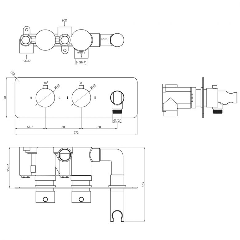 Scudo Round Concealed Thermostatic Valve, 2 outlet with hose and head