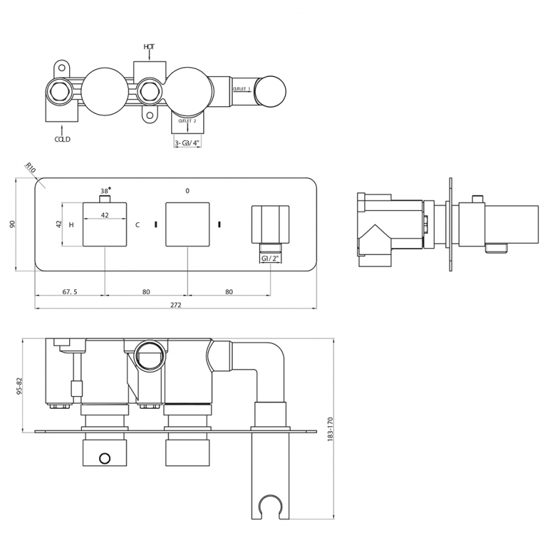 Scudo Square Concealed Thermostatic Valve, 2 outlet with hose and head