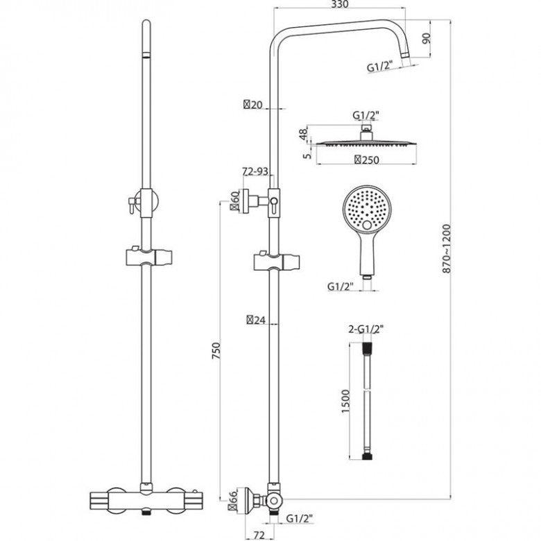 Scudo Messi Cool Touch Bar Shower Kit with Rigid Riser & Hand Shower