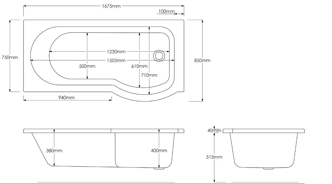 Scudo P Shape Shower Bath (available Left or right handed) 1700 x800
