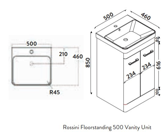 Rossini 500mm wide Vanity with Basin - Pebble Grey