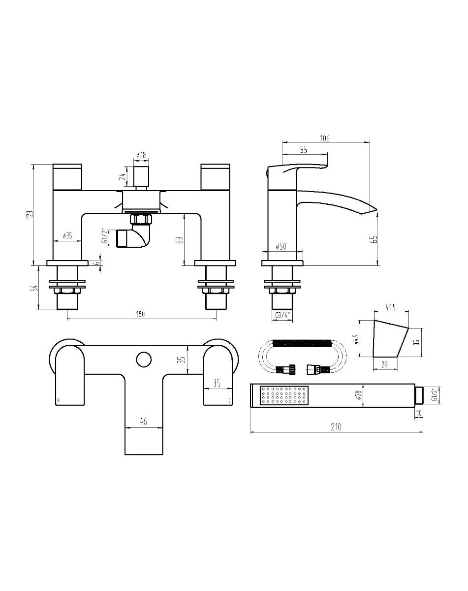 Scudo Belini Bath Shower Mixer - Black with shower kit and wall bracket