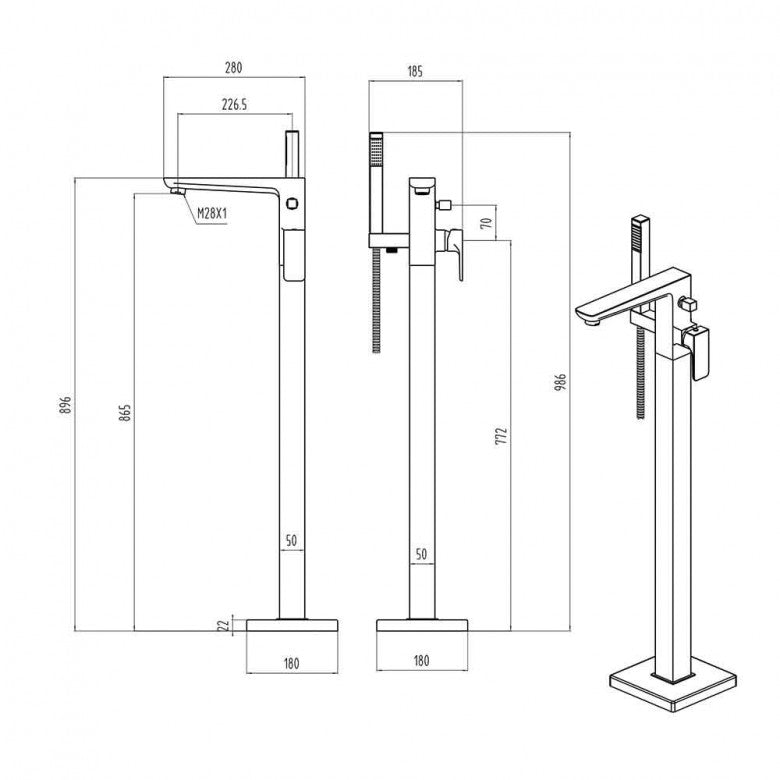Scudo Muro Freestanding Bath Tap with Hand Shower (Chrome)