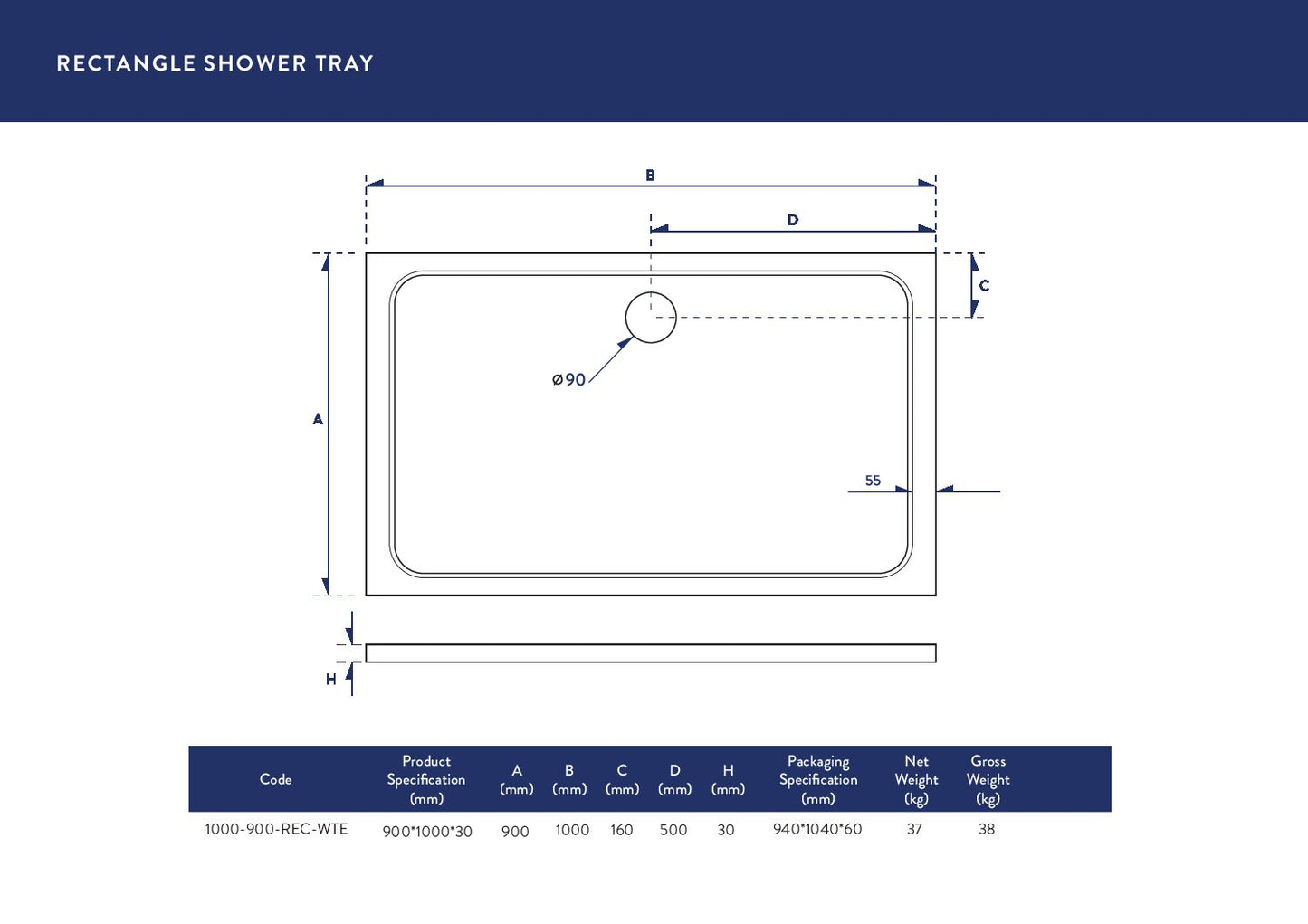 Scudo Rectangular 30mm Shower Trays 900mm & 1000mm  Long