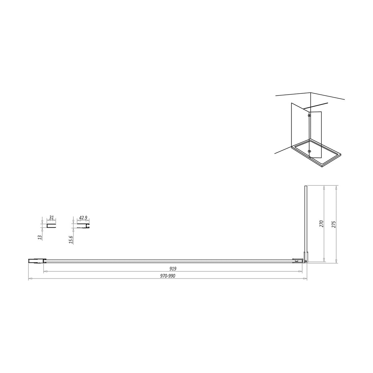 Scudo S8  Wetroom Glass and Hinged Return Panel with Chrome Hardware - 8mm glass