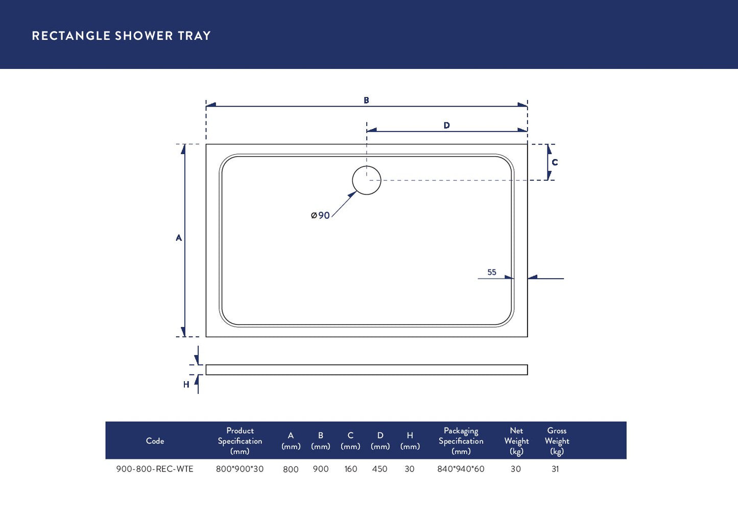 Scudo Rectangular 30mm Shower Trays 900mm & 1000mm  Long