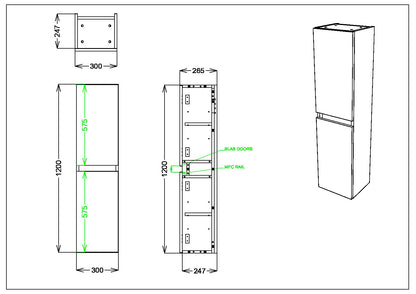 Aubrey Wall Hung 300mm wide 1200mm Tall Boy Unit - Reed Green