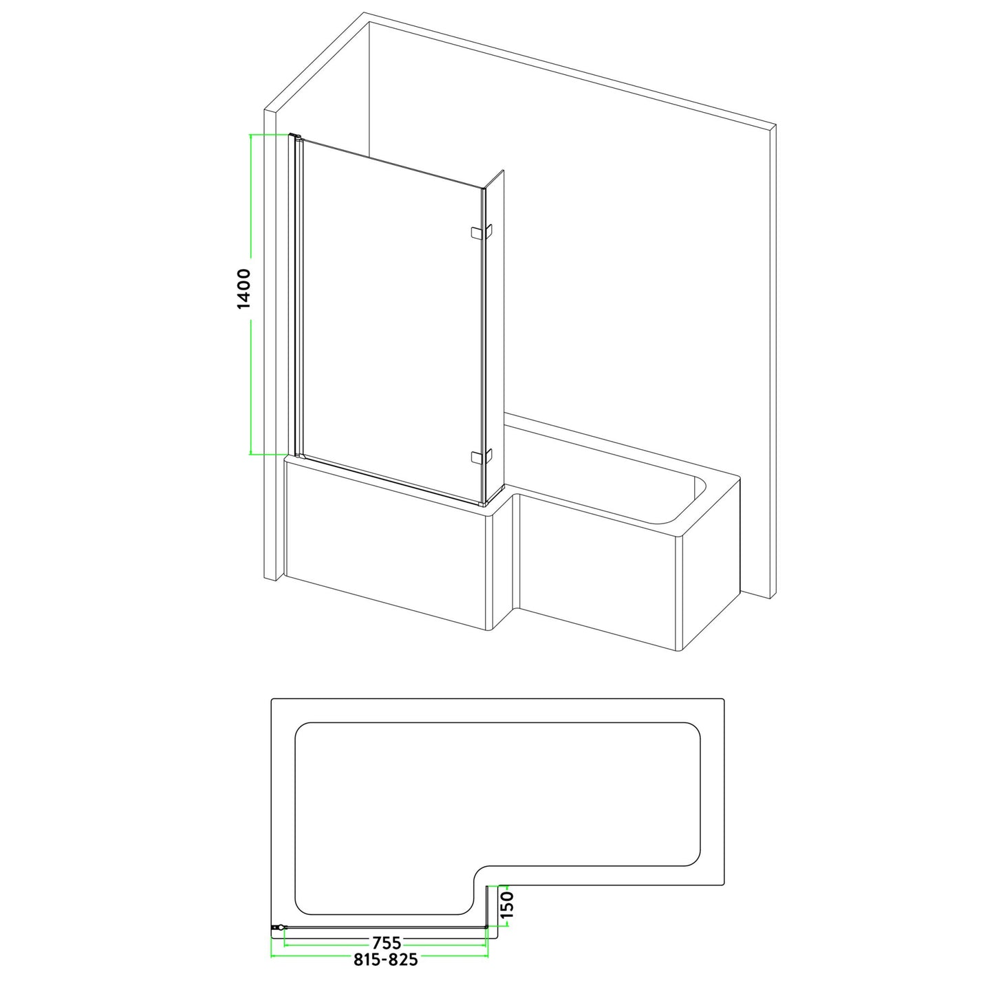 Scudo L Shape Black Bath Screen 6mm Glass