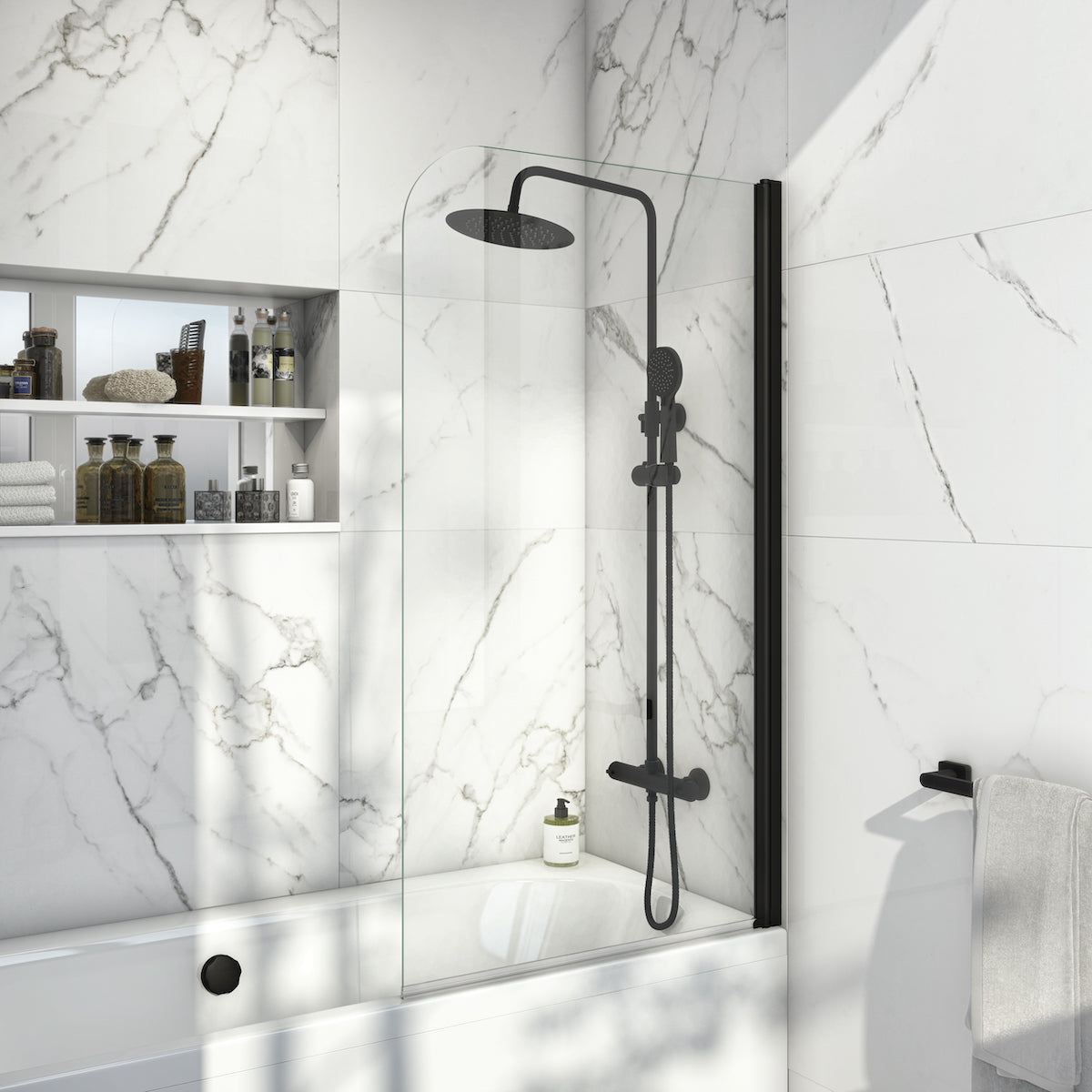 Scudo Black Radius edge 1400 x 800mm Bath Screen 6mm Glass