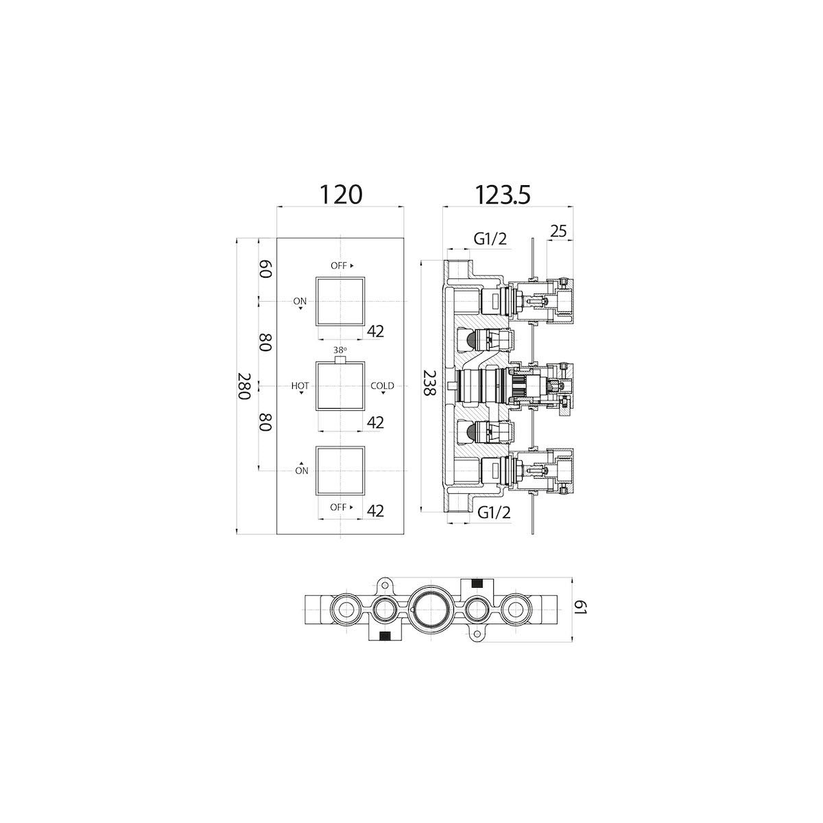 Scudo Triple Square Concealed Valve- 2 outlet