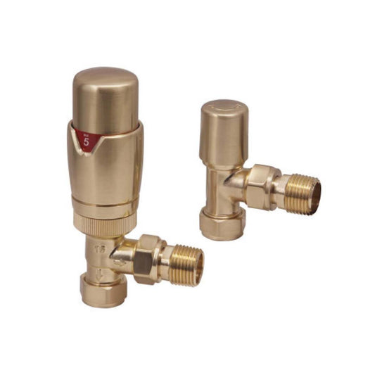 Scudo Brushed Brass Designer Thermostatic Angled Radiator Valves