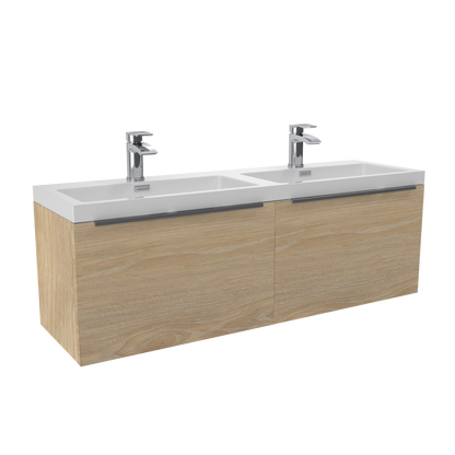 Muro 1200mm wide, Wall Hung Vanity with Double Basin - Davos Oak with Chrome Handles