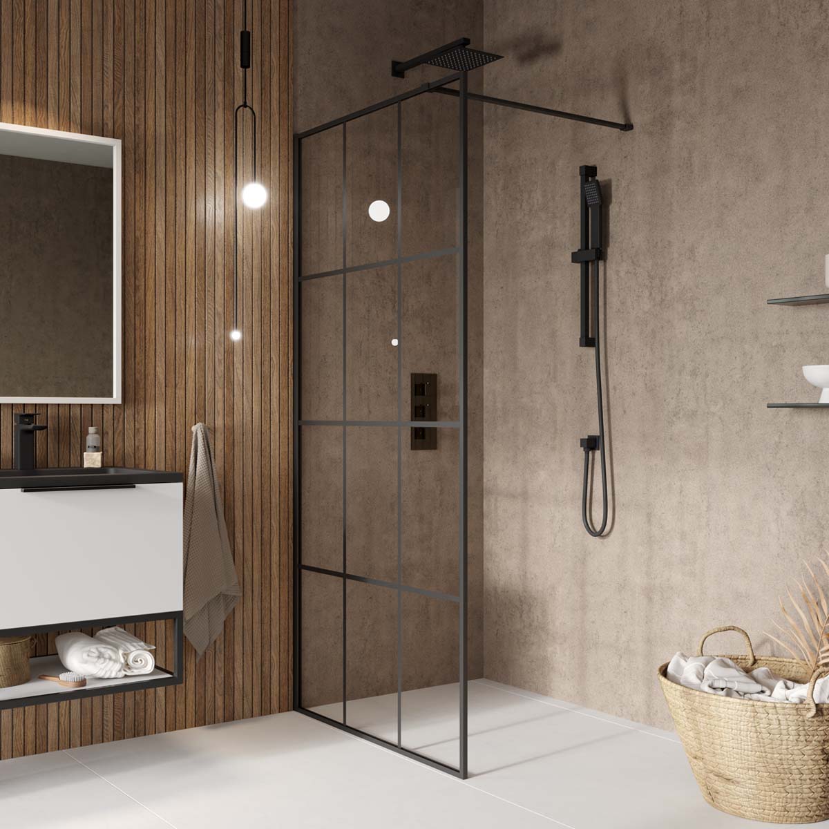 Scudo S8  Grid Wetroom Glass 8mm - 1950mm High - Black