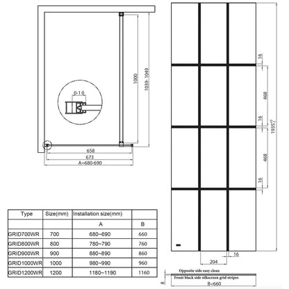 Scudo S8  Grid Wetroom Glass 8mm - 1950mm High - Black