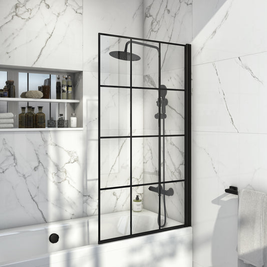 Scudo 1400 x 900mm Black Grid Bath Screen 6mm Glass