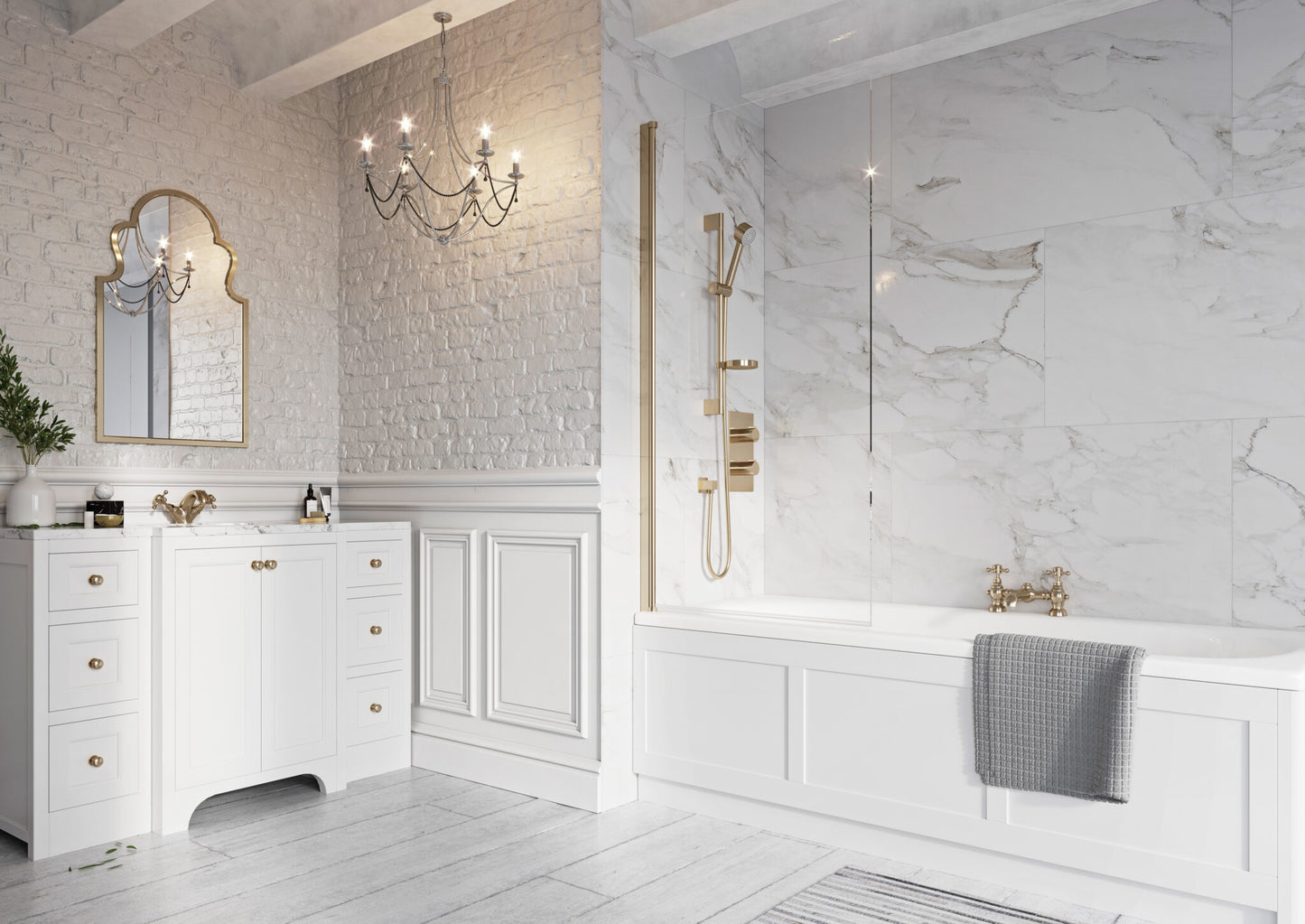 Scudo 1500 x 800mm Square Thalia Bath Screen 8mm Glass - Brushed Brass