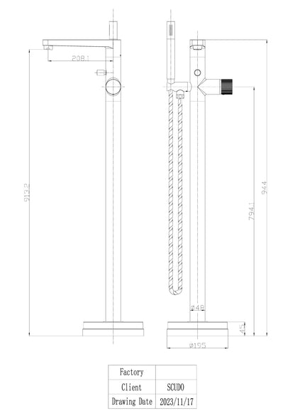 Scudo Koko Freestanding Bath Tap with Hand Shower - Brushed Brass