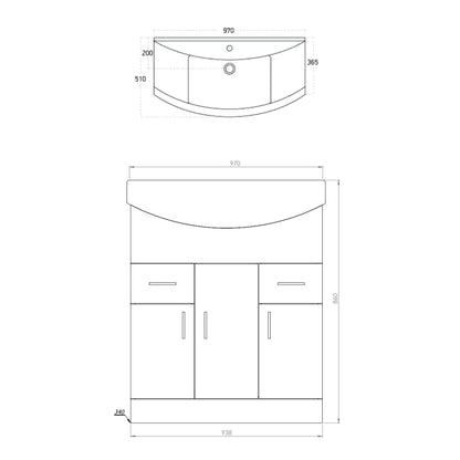 Scudo Lanza 950mm wide Vanity with Basin - Polar White