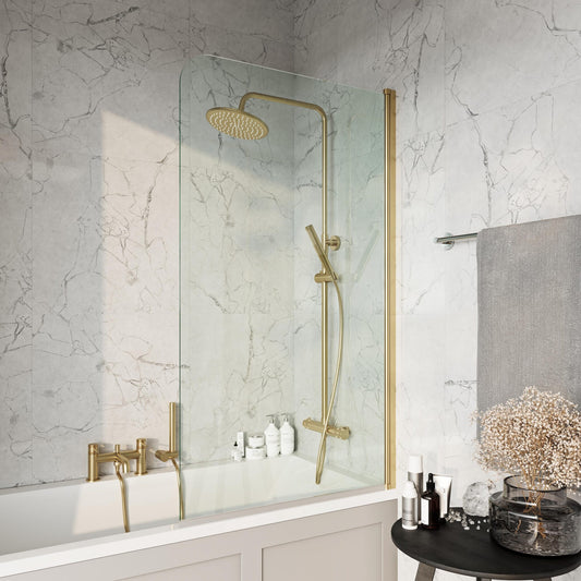 Scudo Brushed Brass Radius edge 1400 x 800mm Bath Screen 6mm Glass