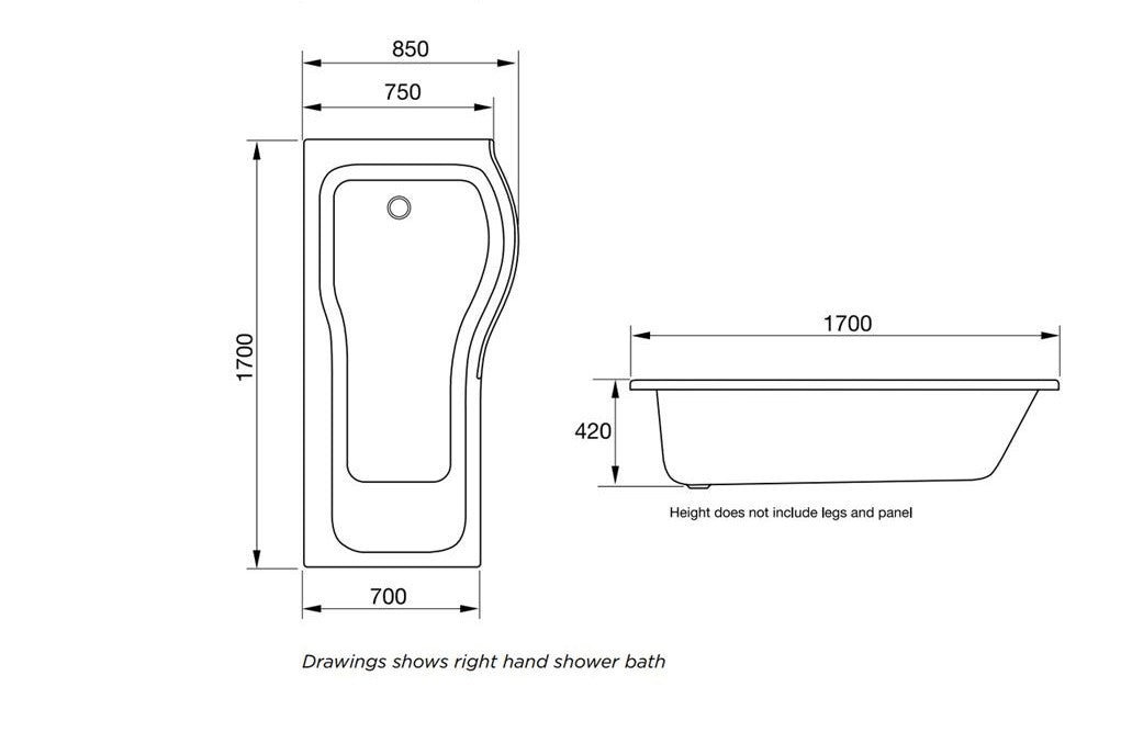 Scudo P Shape Shower Bath (available Left or right handed) 1700 x800